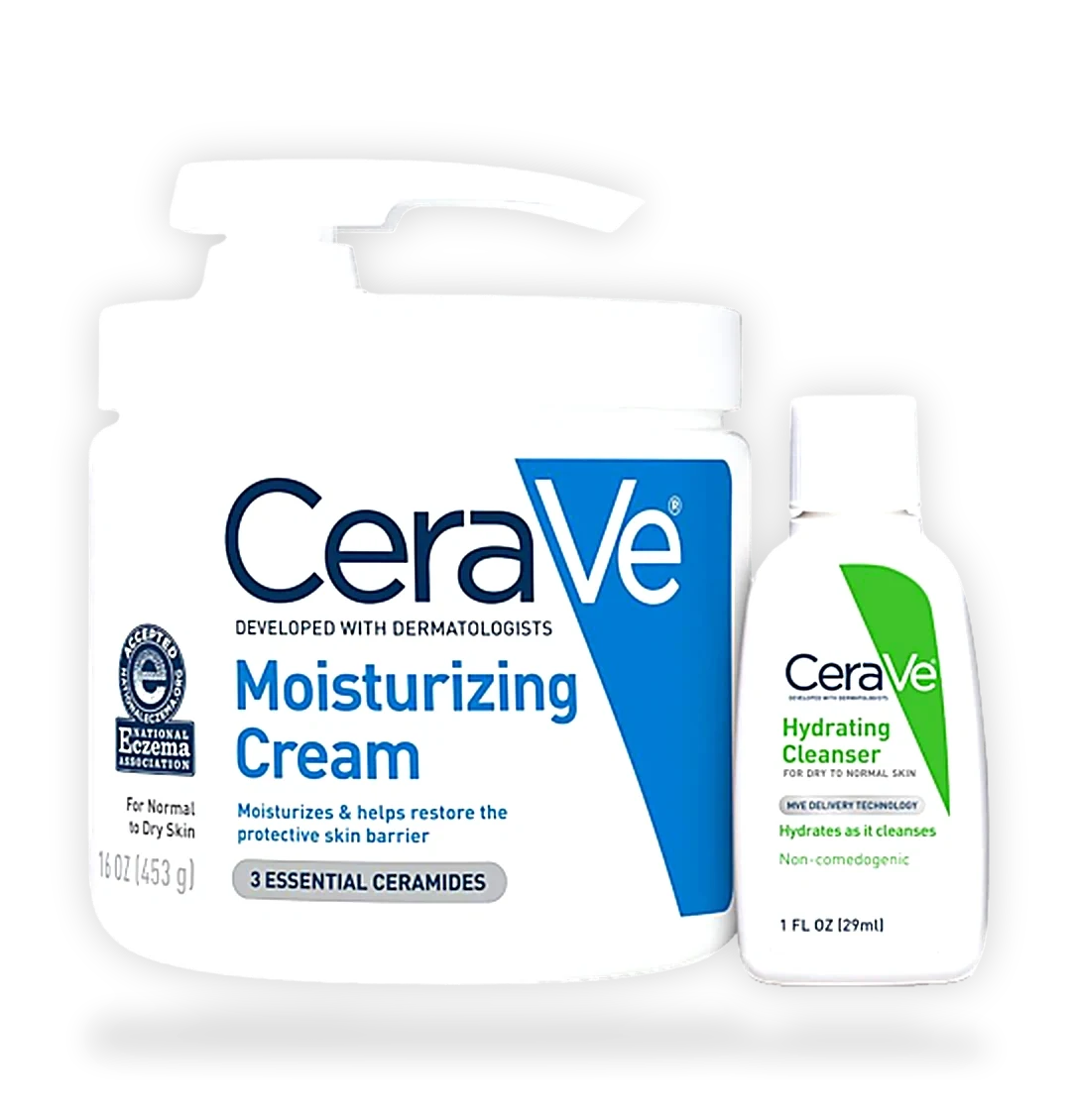 CeraVe Moisturizing Cream jar and Hydrating Facial Cleanser bottle sold together as a skincare set.