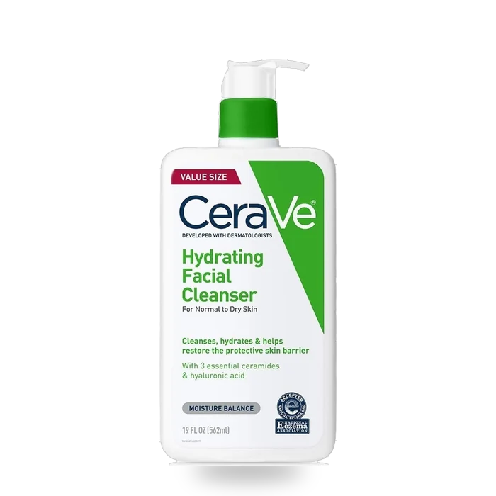CeraVe Hydrating Cleanser with Hyaluronic Acid in a 19-ounce bottle with a pump dispenser.