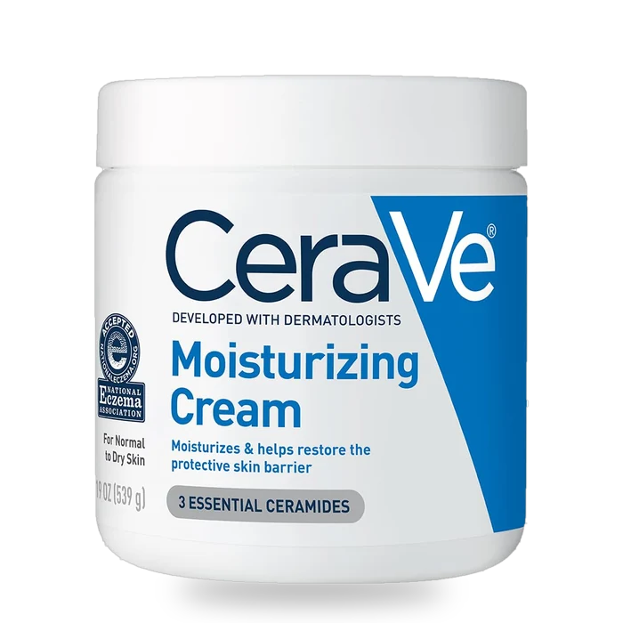 CeraVe moisturizing cream container in its standard white and blue packaging.