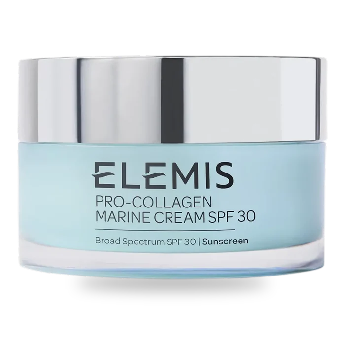 A jar of Elemis Pro-Collagen Marine Cream SPF 30 moisturizer on a neutral background.