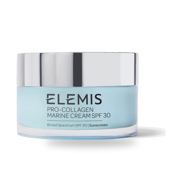 A jar of Elemis Pro-Collagen Marine Cream SPF 30, a daily anti-wrinkle moisturizer.