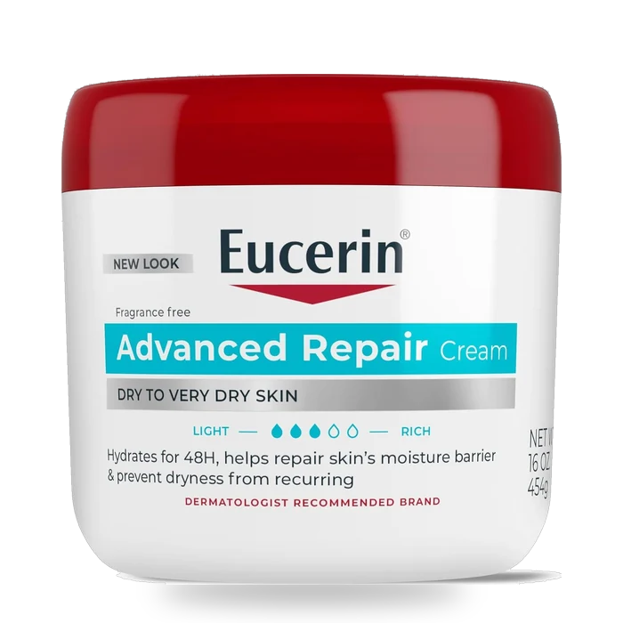 16 oz jar of Eucerin Advanced Repair Body Cream, a treatment for dry skin containing urea.